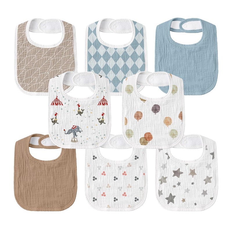 Muslin Drool Bibs for Boys Girls 8 Pack - Adjustable Baby Bibs for Drooling and Teething, Soft Cotton Baby Bandana Bib for Newborn Feeding Essentials (Circus) - Image 1
