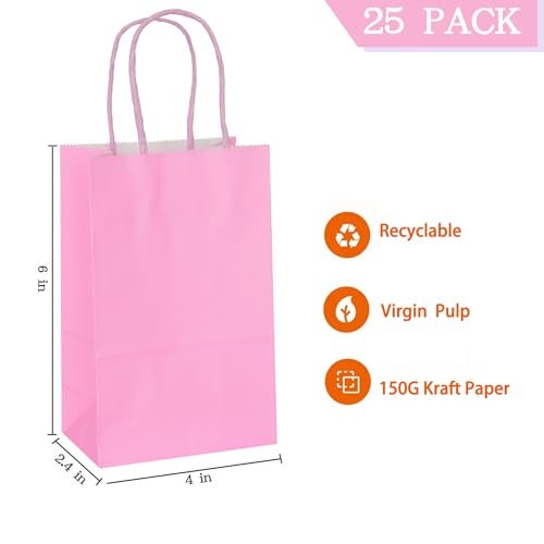 AZOWA Gift Bags Mini Kraft Paper Bags With Handles(Light Pink, 6 x 2.4 x 4 in,25 Pcs) - Image 2
