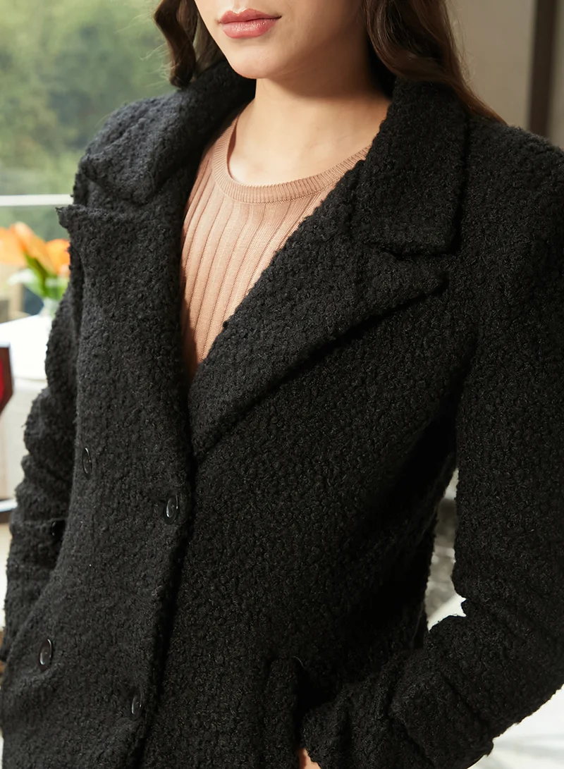 Campus Sutra Women's Onyx Black Double-Breasted Fleece Long Coat