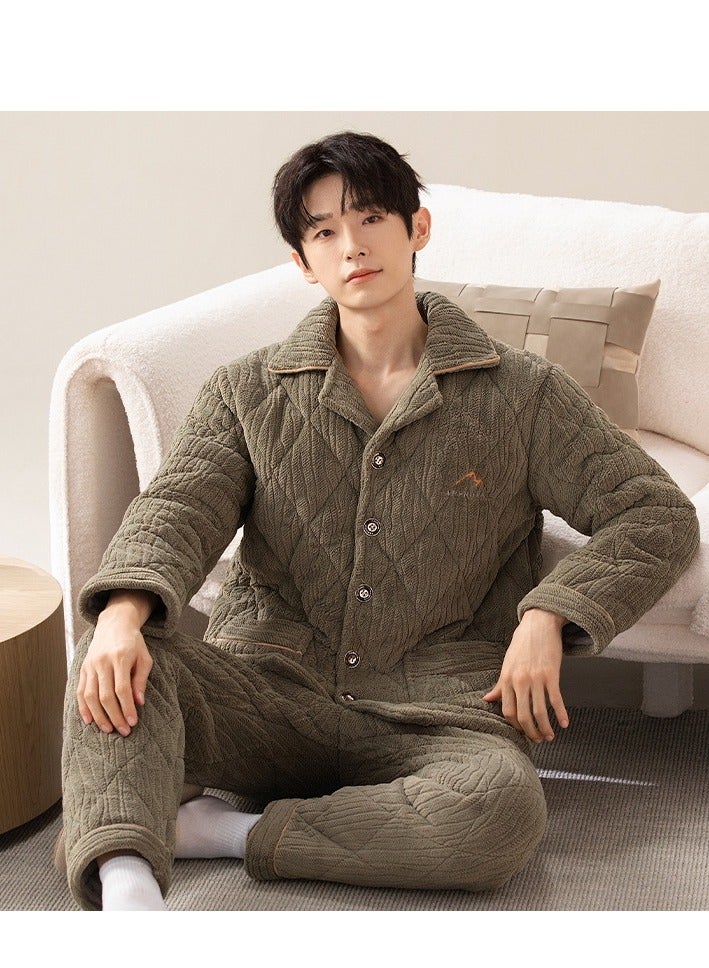 Men's Winter Thickened Fleece Three-layer Cotton Coral Velvet Home Clothes Set Warm Sleepwear Set Comfortable Soft Material