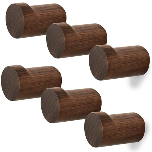 WOVRAN Wood Wall Hooks for Hanging, 6 Pack Rustic Coat Hooks Wall Mount, Handmade Wooden Pegs Hat Hook, Entryway Walls Hanger for Coat Purse, Boho Bathroom Towel Rack (Walnut Wood) - Image 1