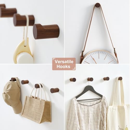 WOVRAN Wood Wall Hooks for Hanging, 6 Pack Rustic Coat Hooks Wall Mount, Handmade Wooden Pegs Hat Hook, Entryway Walls Hanger for Coat Purse, Boho Bathroom Towel Rack (Walnut Wood) - Image 3