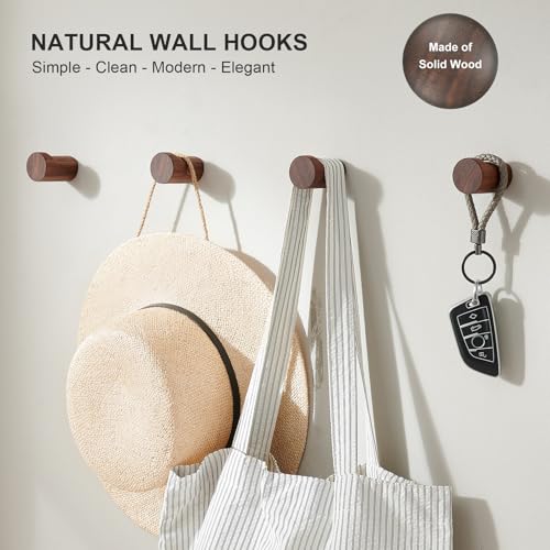 WOVRAN Wood Wall Hooks for Hanging, 6 Pack Rustic Coat Hooks Wall Mount, Handmade Wooden Pegs Hat Hook, Entryway Walls Hanger for Coat Purse, Boho Bathroom Towel Rack (Walnut Wood) - Image 2