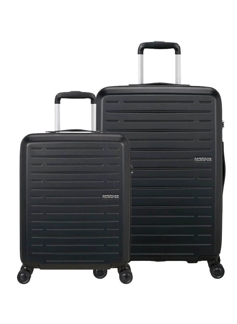 امريكان توريستر aerojoy suitcase, 2pc set (55 + 66 cm), 4 spinner wheels, hard top, abs, black|tsa lock|inner mesh zippered divider|cross ribbons|lightweight|expandable - 3 years international warranty