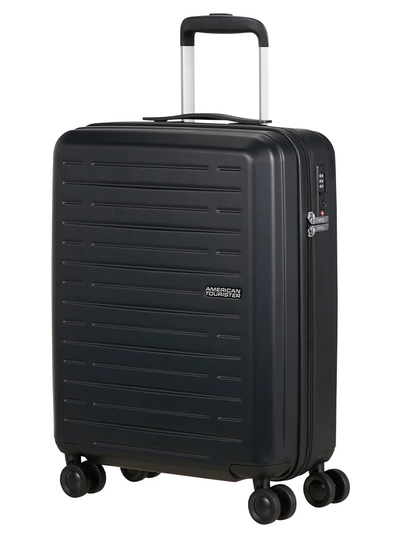 امريكان توريستر aerojoy suitcase, 2pc set (55 + 66 cm), 4 spinner wheels, hard top, abs, black|tsa lock|inner mesh zippered divider|cross ribbons|lightweight|expandable - 3 years international warranty