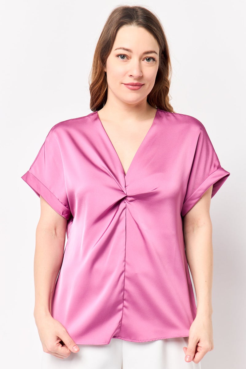 bebe Women V-Neck Short Sleeve Plain Blouse, Mauve - Image 1