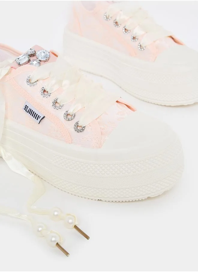 Styli Embellished Lace Up Platform Shoes