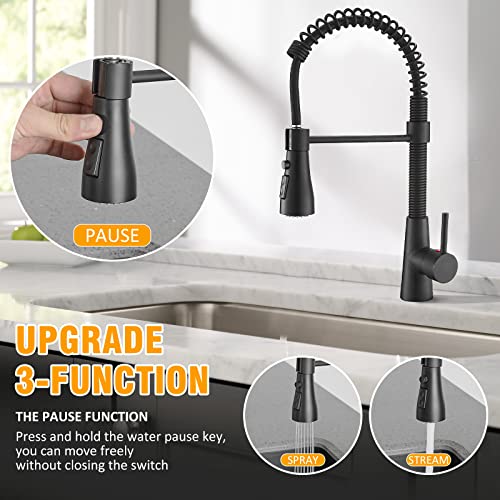 BESy Kitchen Faucet with Pull Down Sprayer, High-Arc Single Handle Single Lever Spring Rv Kitchen Sink Faucet with Pull Out Sprayer, 3 Function Laundry Faucet with Cover Plate, Matte Black - Image 2