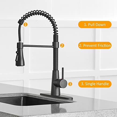 BESy Kitchen Faucet with Pull Down Sprayer, High-Arc Single Handle Single Lever Spring Rv Kitchen Sink Faucet with Pull Out Sprayer, 3 Function Laundry Faucet with Cover Plate, Matte Black - Image 4
