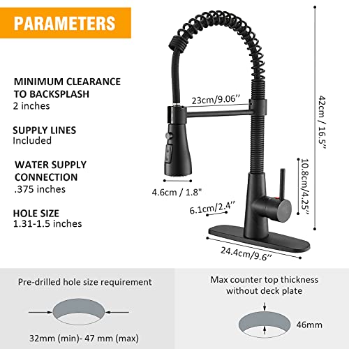BESy Kitchen Faucet with Pull Down Sprayer, High-Arc Single Handle Single Lever Spring Rv Kitchen Sink Faucet with Pull Out Sprayer, 3 Function Laundry Faucet with Cover Plate, Matte Black - Image 5