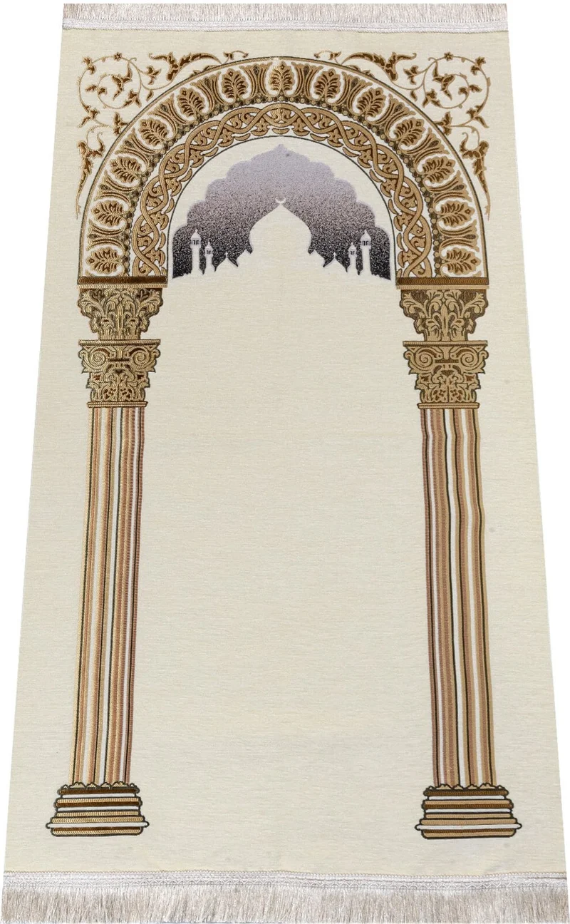 İhvan Online Ihvan Online Taj Mahal Patterned Chenille Prayer Rug - Cream Color