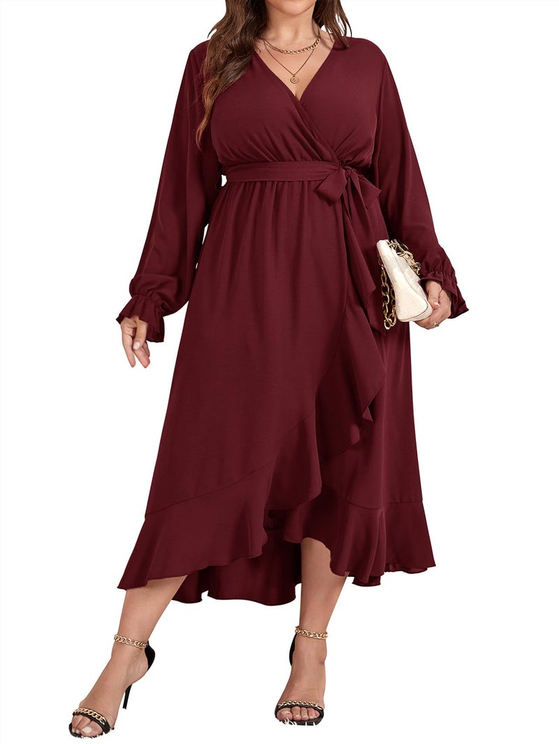 SCOMCHIC Women Plus Size Formal Dresses Fall Long Sleeve Faux Wrap V Neck High Low Ruffle Cocktail Wedding Guest Maxi Dress Burgundy