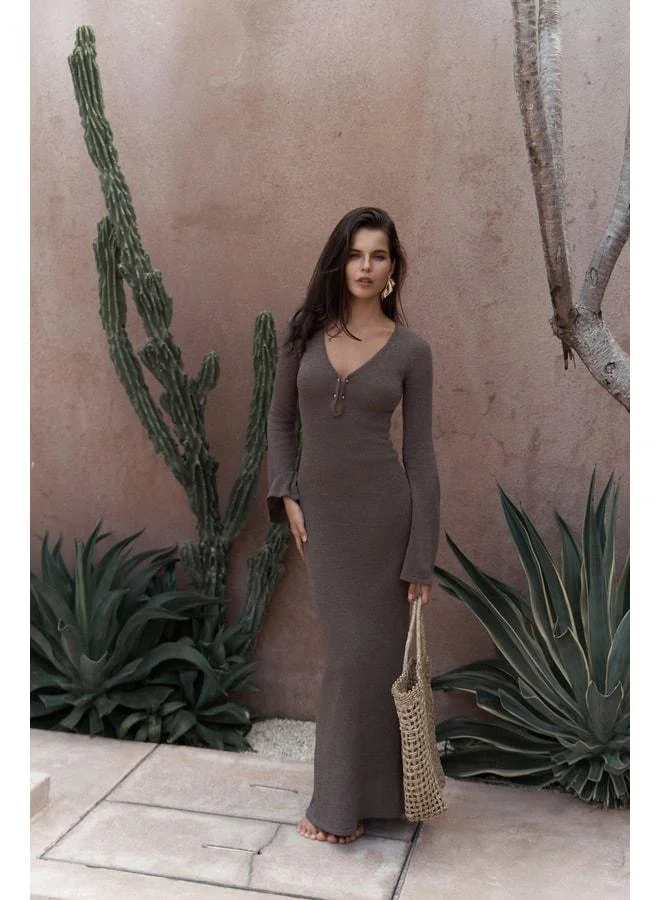 Bohemai Ortensia Metal Detail Coffee Long Knit Dress.