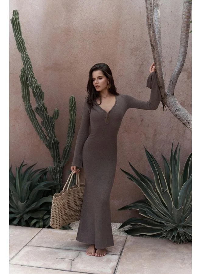 Bohemai Ortensia Metal Detail Coffee Long Knit Dress.
