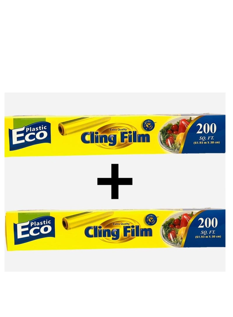 ECO Plastic 2 pack of Cling Film Food Wrap Clear 200sq ft (61.93 mm × 30cm)  - Image 1