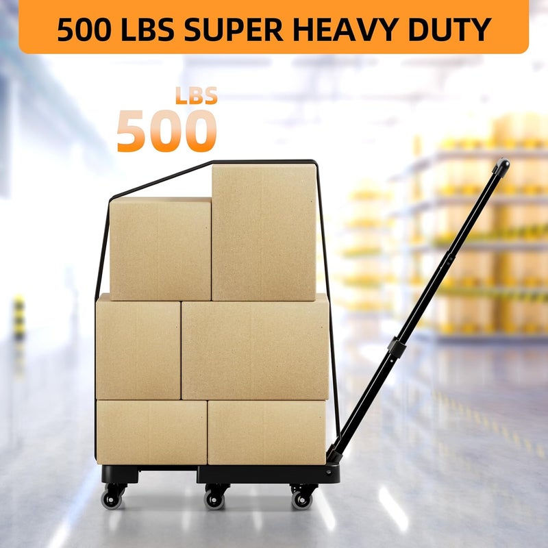 Troozy Folding Hand Truck, 500 LB Heavy Duty Cart with 6 Wheels, Foldable Luggage Dolly with Adjustable Handle, Including 2 Brake Wheels & 2 Elastic Ropes, Portable for Moving, Shopping, Office, Black - Image 5