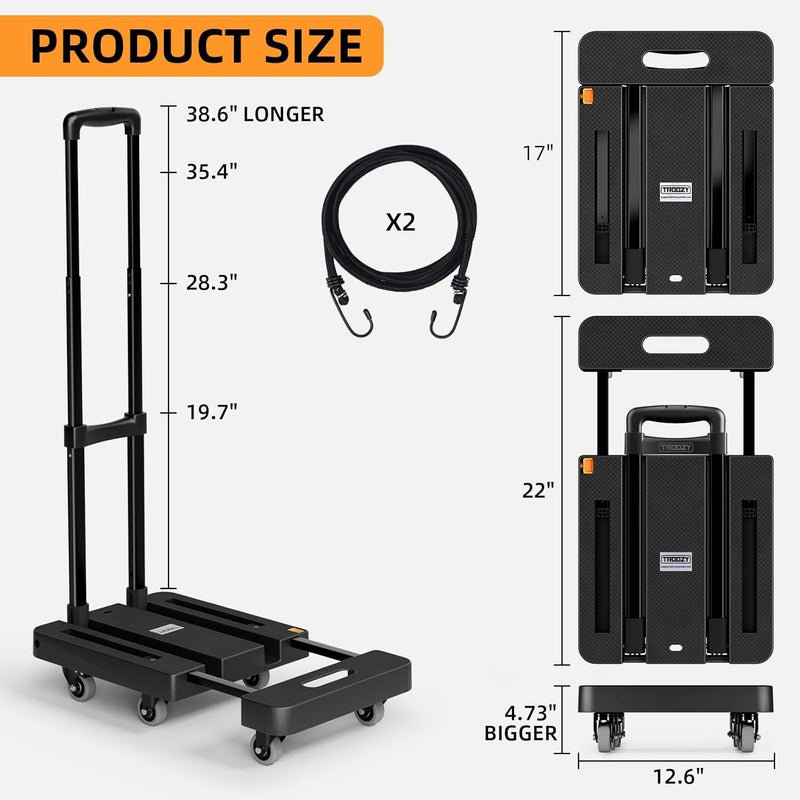 Troozy Folding Hand Truck, 500 LB Heavy Duty Cart with 6 Wheels, Foldable Luggage Dolly with Adjustable Handle, Including 2 Brake Wheels & 2 Elastic Ropes, Portable for Moving, Shopping, Office, Black - Image 2