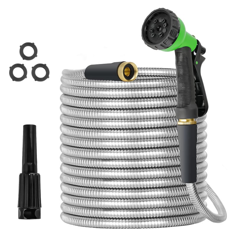 TVKB Garden Hose 100ft Stainless Steel Water Hose Super Tough Flexible Water Pipe with Brass Fittings and Sprayer Nozzle, No Kink, Rust Proof - Image 1