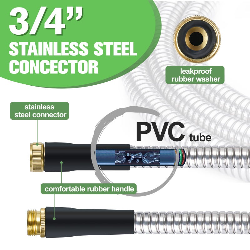 TVKB Garden Hose 100ft Stainless Steel Water Hose Super Tough Flexible Water Pipe with Brass Fittings and Sprayer Nozzle, No Kink, Rust Proof - Image 3