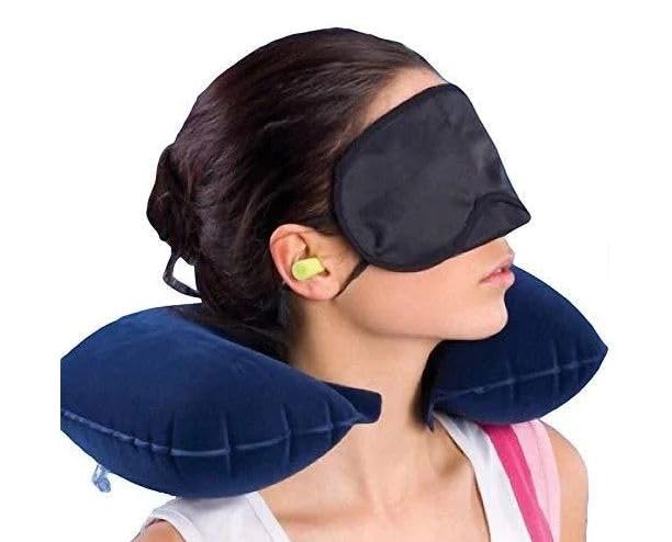 Attachh 3 in 1 Travel Inflatable Nylon Neck Air Cushion Pillow with Eye Mask and 2 Ear Plugs Set of 3 - Image 1
