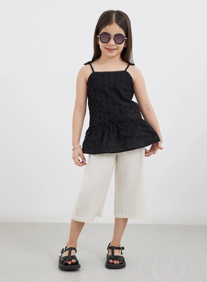 Styli Styli Girls Black Cotton Schiffli Peplum Top