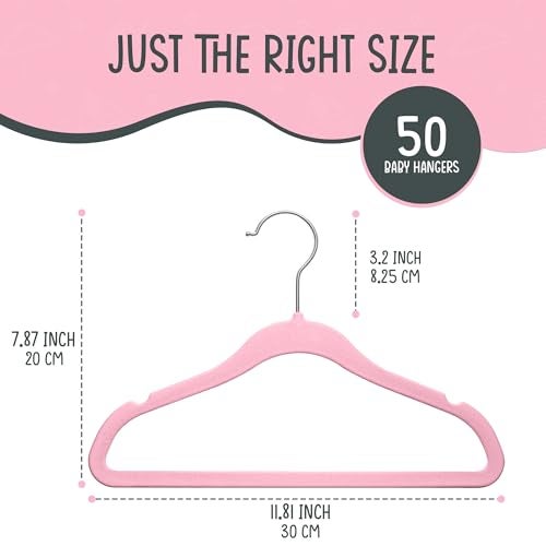TechZoo 50 Premium Baby Velvet Hangers - 11.8 Inches Non-Slip & Ultra-Slim Baby Hangers for Space-Saving & Children Clothes - 360 Swivel Hook, Strong & Durable Infant & Toddler Clothes Hanger - Pink - Image 3