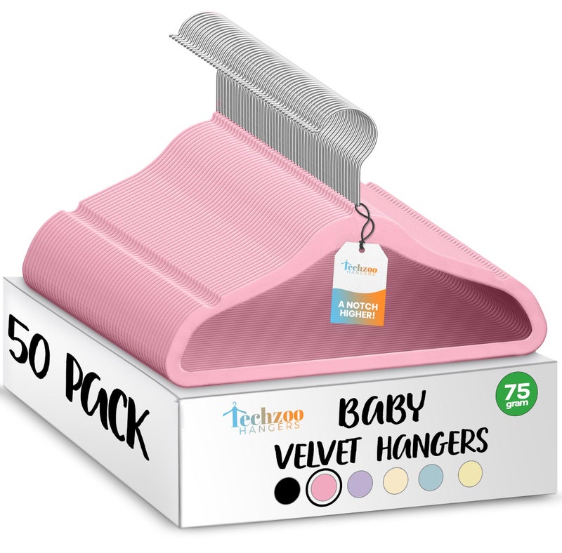TechZoo 50 Premium Baby Velvet Hangers - 11.8 Inches Non-Slip & Ultra-Slim Baby Hangers for Space-Saving & Children Clothes - 360 Swivel Hook, Strong & Durable Infant & Toddler Clothes Hanger - Pink - Image 1