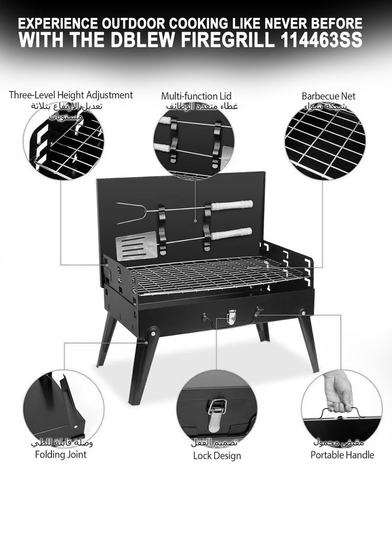 DBLEW FlameMaster TL-466 Portable Charcoal BBQ Grill with Lid, Folding Design & Adjustable Heights – Stainless Steel Outdoor Barbecue Smoker for Grilling Meat, Shrimps, Fish, Chicken, Vegetables, Kebabs & Burgers – Compact Travel Grill for Camping, Picnic, Beach, Tailgating & Backyard Parties – Heat Resistant Frame with Air Vents, Easy to Carry, Lightweight & Durable, Serves 3–5 People, Small Charcoal Grill for Family Gatherings & Outdoor Cooking - Image 4