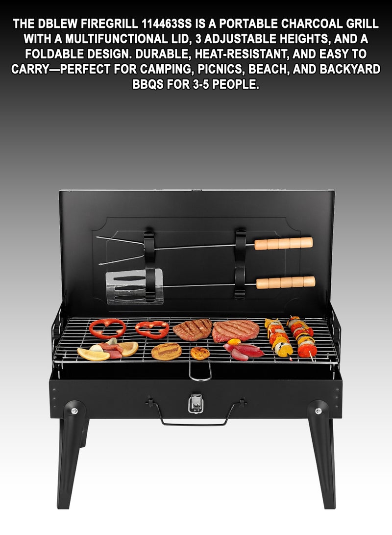 DBLEW FlameMaster TL-466 Portable Charcoal BBQ Grill with Lid, Folding Design & Adjustable Heights – Stainless Steel Outdoor Barbecue Smoker for Grilling Meat, Shrimps, Fish, Chicken, Vegetables, Kebabs & Burgers – Compact Travel Grill for Camping, Picnic, Beach, Tailgating & Backyard Parties – Heat Resistant Frame with Air Vents, Easy to Carry, Lightweight & Durable, Serves 3–5 People, Small Charcoal Grill for Family Gatherings & Outdoor Cooking - Image 2