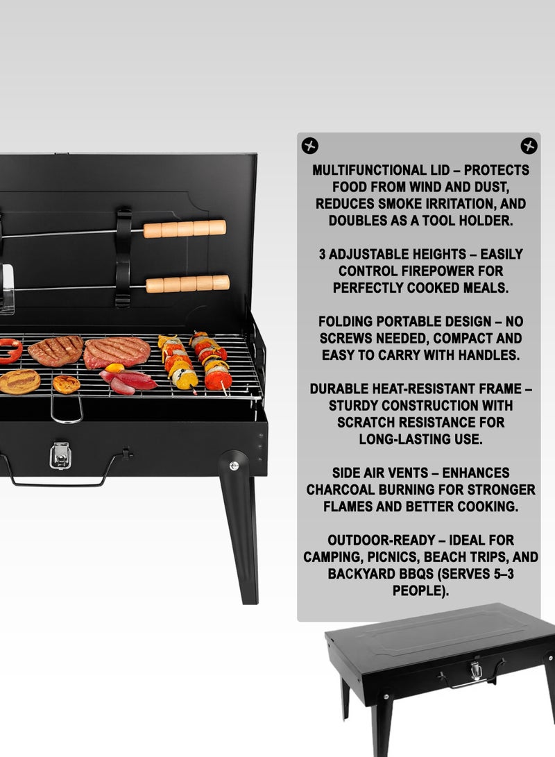 DBLEW FlameMaster TL-466 Portable Charcoal BBQ Grill with Lid, Folding Design & Adjustable Heights – Stainless Steel Outdoor Barbecue Smoker for Grilling Meat, Shrimps, Fish, Chicken, Vegetables, Kebabs & Burgers – Compact Travel Grill for Camping, Picnic, Beach, Tailgating & Backyard Parties – Heat Resistant Frame with Air Vents, Easy to Carry, Lightweight & Durable, Serves 3–5 People, Small Charcoal Grill for Family Gatherings & Outdoor Cooking - Image 3