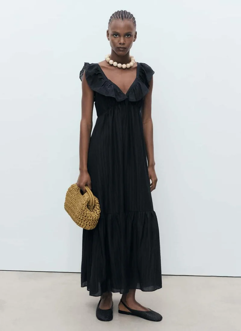 MANGO Long Dress With Ruffle Neckline