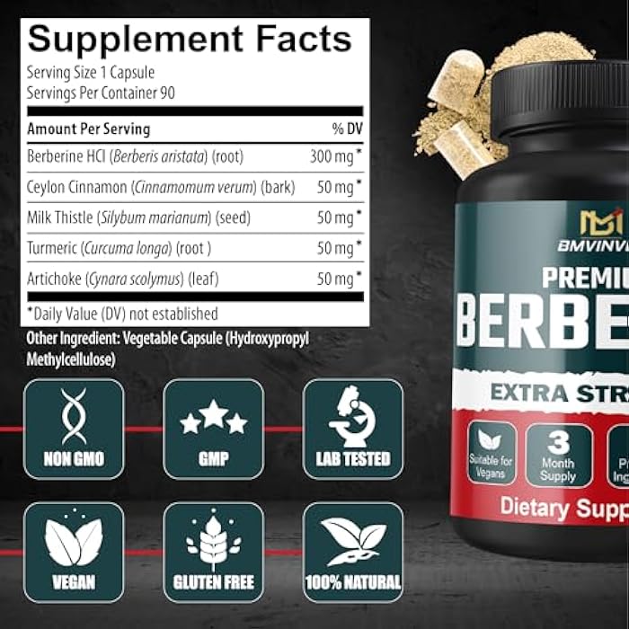 BMVINVOL 5-in-1 Berberine HCl with Ceylon Cinnamon, Milk Thistle, Turmeric, Artichoke - 90 Capsules for 3 Month Supply - Image 2