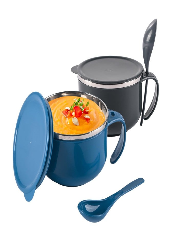 Kuber Industries Pack of 2 Airtight-Lid 600ml Soup Bowl with Spoon & Holder | Leakproof Food Container for Noodles Pasta & Milk | Maggie Bowl & Souptok for Eating | Navy Blue & Grey