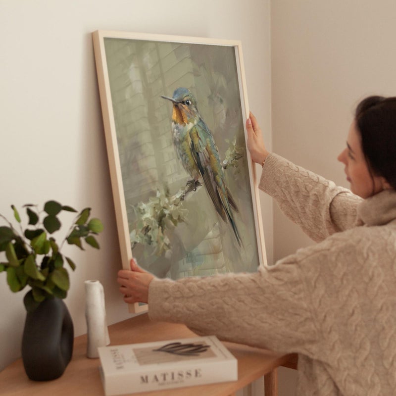 TNESSENTIAL Hummingbird on Branch Print, Vintage Sage Green Bird Poster, Japandi Nature Decor for Calm Bedrooms, Neutral Bird Wall Art - Image 2