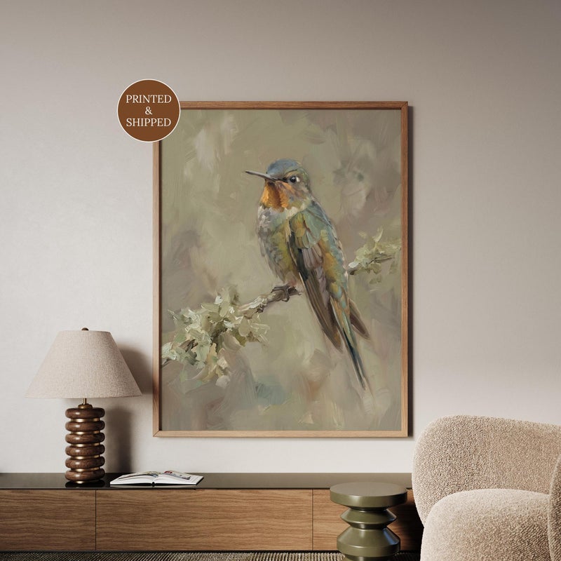 TNESSENTIAL Hummingbird on Branch Print, Vintage Sage Green Bird Poster, Japandi Nature Decor for Calm Bedrooms, Neutral Bird Wall Art - Image 1