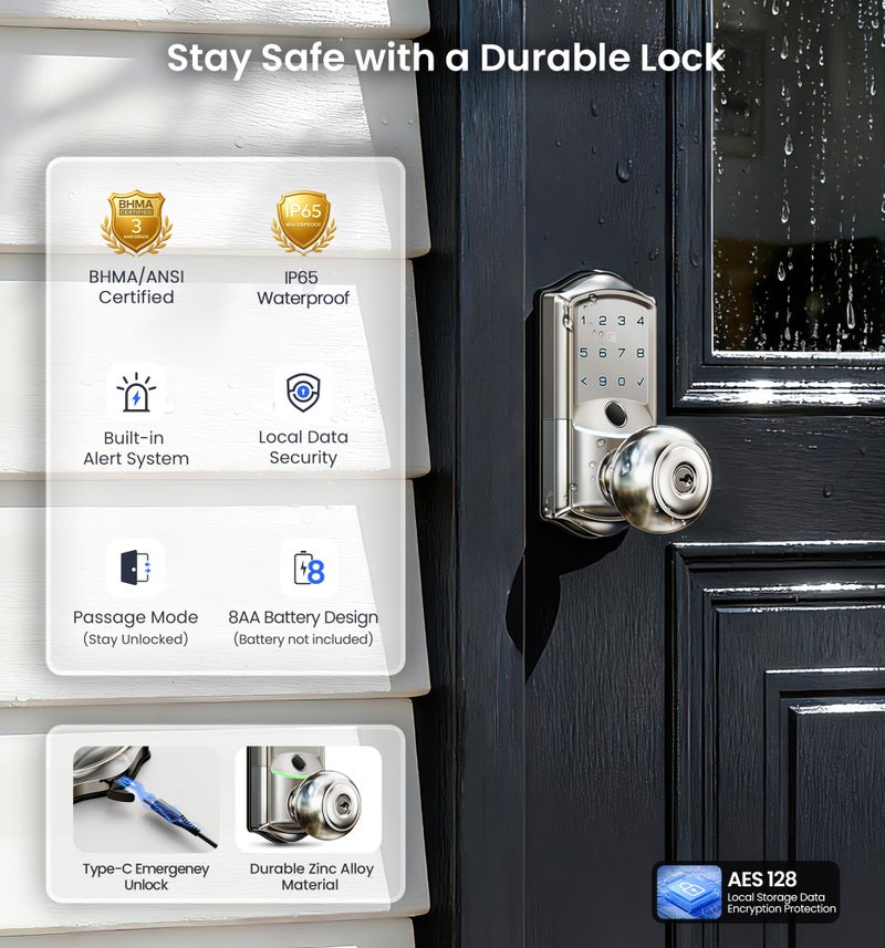 Veise VE028 Built-in Wi-Fi Smart Lock with Knob, Fingerprint Keyless Entry with Handle, App Remote & Voice Control, Electronic Digital Keypad for Front Door and Bedroom, IP65 Waterproof, Satin Nickel - Image 5