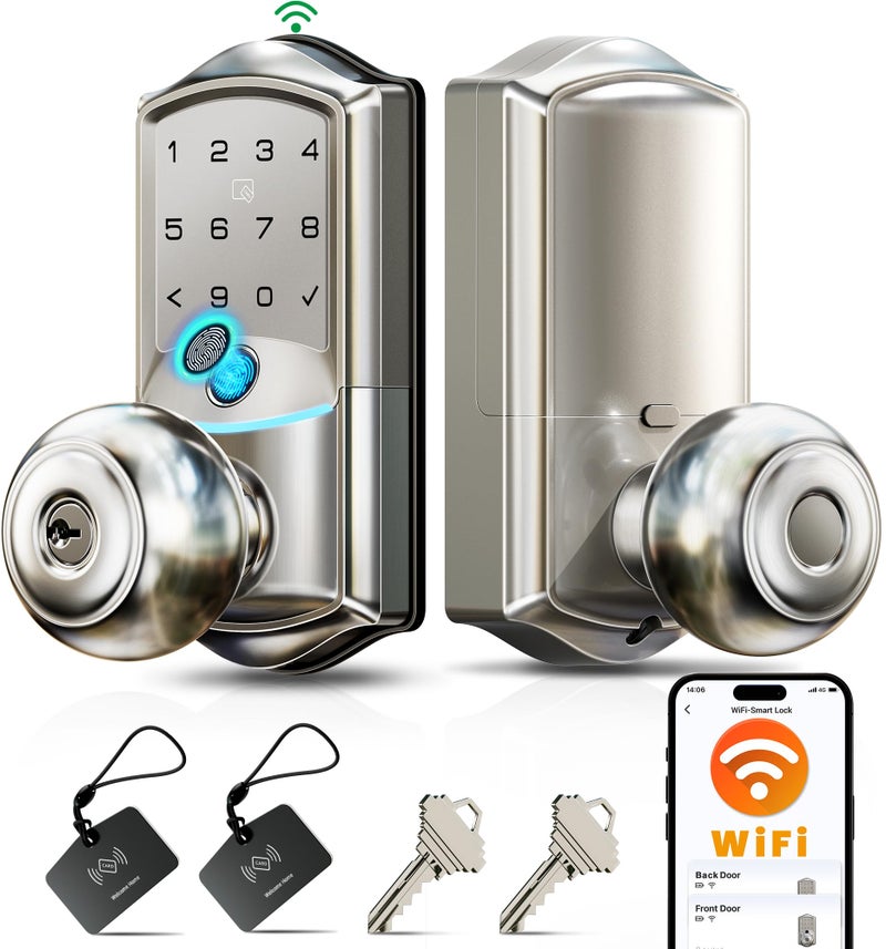 Veise VE028 Built-in Wi-Fi Smart Lock with Knob, Fingerprint Keyless Entry with Handle, App Remote & Voice Control, Electronic Digital Keypad for Front Door and Bedroom, IP65 Waterproof, Satin Nickel - Image 1