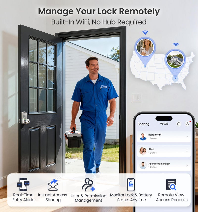 Veise VE028 Built-in Wi-Fi Smart Lock with Knob, Fingerprint Keyless Entry with Handle, App Remote & Voice Control, Electronic Digital Keypad for Front Door and Bedroom, IP65 Waterproof, Satin Nickel - Image 3