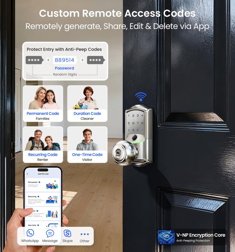 Veise VE028 Built-in Wi-Fi Smart Lock with Knob, Fingerprint Keyless Entry with Handle, App Remote & Voice Control, Electronic Digital Keypad for Front Door and Bedroom, IP65 Waterproof, Satin Nickel - Image 4