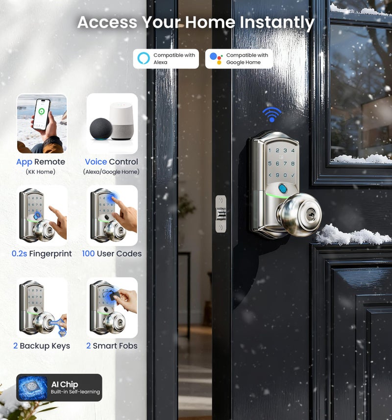 Veise VE028 Built-in Wi-Fi Smart Lock with Knob, Fingerprint Keyless Entry with Handle, App Remote & Voice Control, Electronic Digital Keypad for Front Door and Bedroom, IP65 Waterproof, Satin Nickel - Image 2