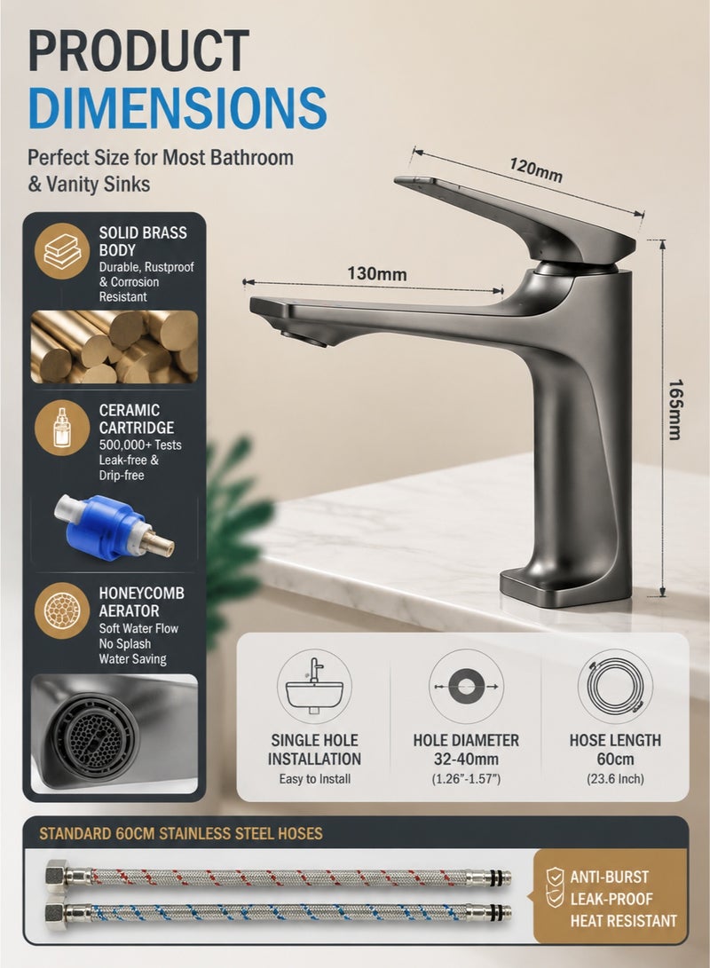 Monda 2 Pack Bathroom Sink Faucet Hot And Cold Water Mixer Tap Single Handle Basin Faucet Single Hole Deck Mounted Wash Basin Tap With 60cm Hoses Grey For Bathroom Kitchen Vanity Sink - Image 3