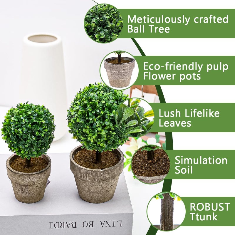 Woration Artificial Green Grass Ball Potted Fake Shrubs Big & Small Ball Plant Decoration Faux Small Boxwood Topiary Home Office Desk Table Room, 2 Pack - Image 3