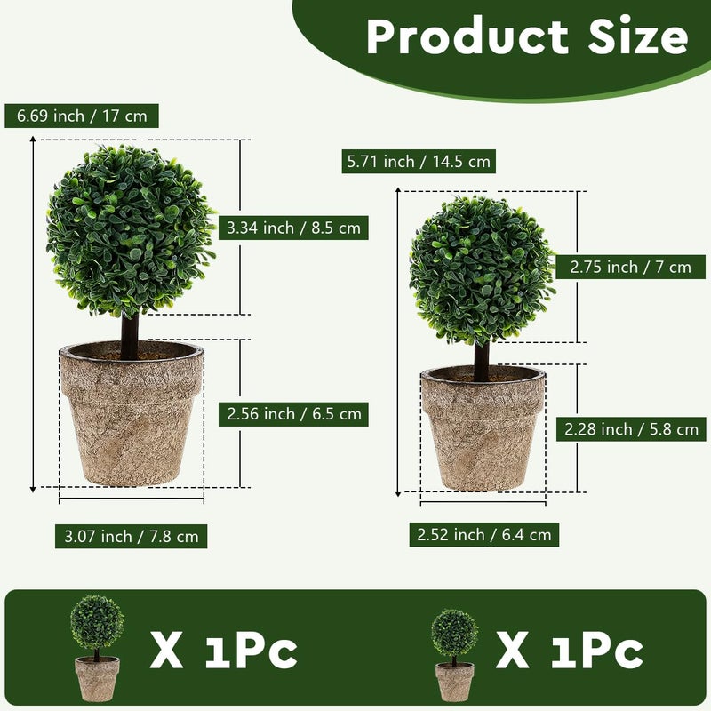 Woration Artificial Green Grass Ball Potted Fake Shrubs Big & Small Ball Plant Decoration Faux Small Boxwood Topiary Home Office Desk Table Room, 2 Pack - Image 2