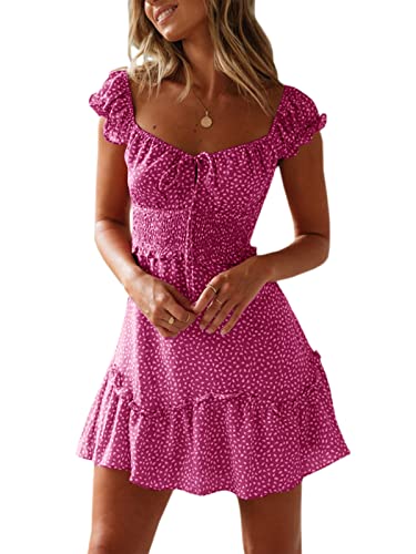 YOBECHO Womens Summer Ruffle Sleeve Sweetheart Neckline Printing Dress Mini Dresses Rose Red - Image 1