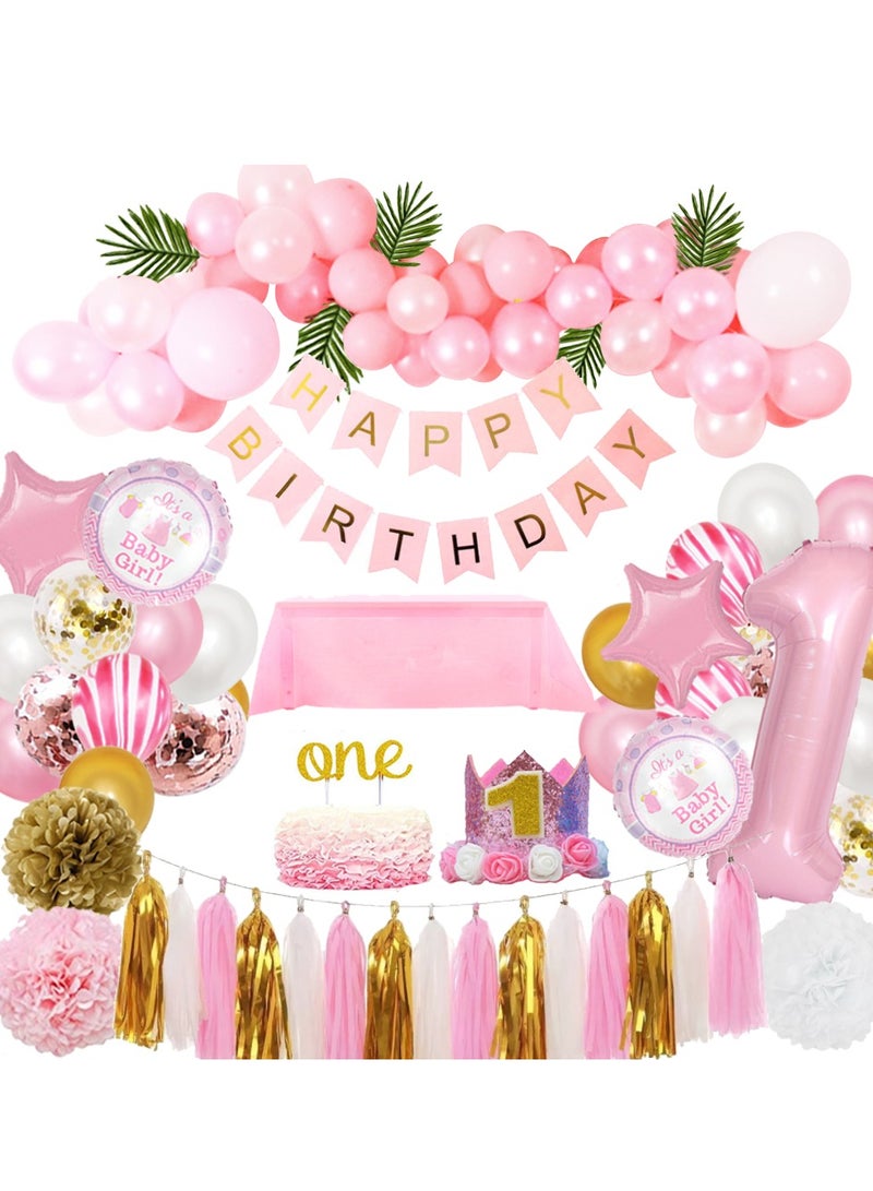 1st BIRTHDAY DECORATIONS for Girl Pink Theme Kit Set- Baby Girl One Birthday Party,Cake Topper Flower Crown Tiara Cap Headband Paper Tassel happy birthday Banner, Fiesta Pink Hanging Paper Fan Flower - Image 1