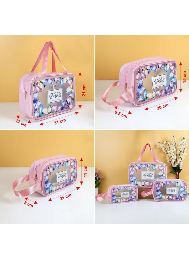 NFI essentials NFI essentials Set of 3 Travel Makeup Pouch Cosmetic Organizer Washbag for Women & Girls Toiletry Storage Kit Butterfly Printed Makeup Bag Waterproof PU Cosmetic Bag  - Image 4