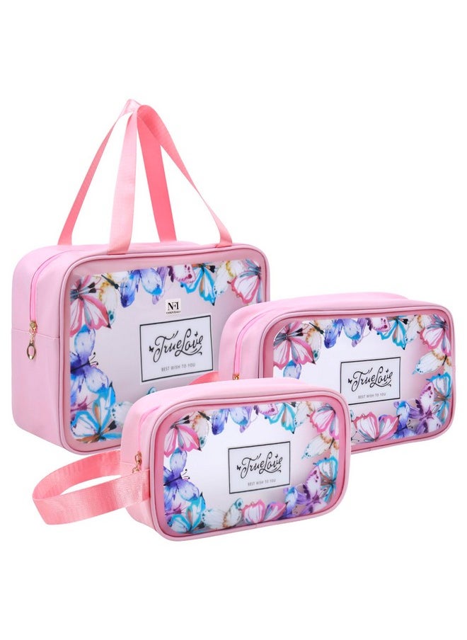 NFI essentials NFI essentials Set of 3 Travel Makeup Pouch Cosmetic Organizer Washbag for Women & Girls Toiletry Storage Kit Butterfly Printed Makeup Bag Waterproof PU Cosmetic Bag  - Image 1