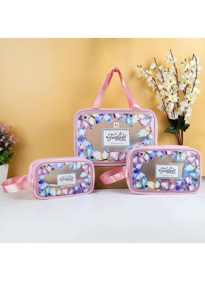 NFI essentials NFI essentials Set of 3 Travel Makeup Pouch Cosmetic Organizer Washbag for Women & Girls Toiletry Storage Kit Butterfly Printed Makeup Bag Waterproof PU Cosmetic Bag  - Image 2