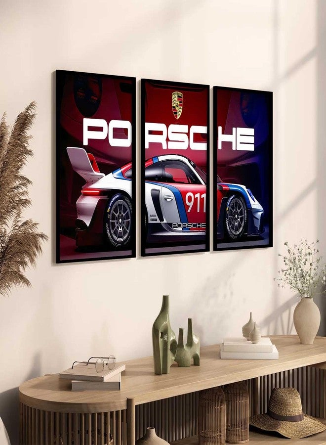 HOTHOUSE Big Porsche Car Framed Posters Gift Items for Boys Room Wall Decoration Bedroom Living Room Office Studio Décor | Car Poster Frame for Wall Décor Set Of 3 Size (13 X 17 inch) - Image 1