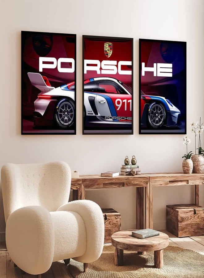 HOTHOUSE Big Porsche Car Framed Posters Gift Items for Boys Room Wall Decoration Bedroom Living Room Office Studio Décor | Car Poster Frame for Wall Décor Set Of 3 Size (13 X 17 inch) - Image 3